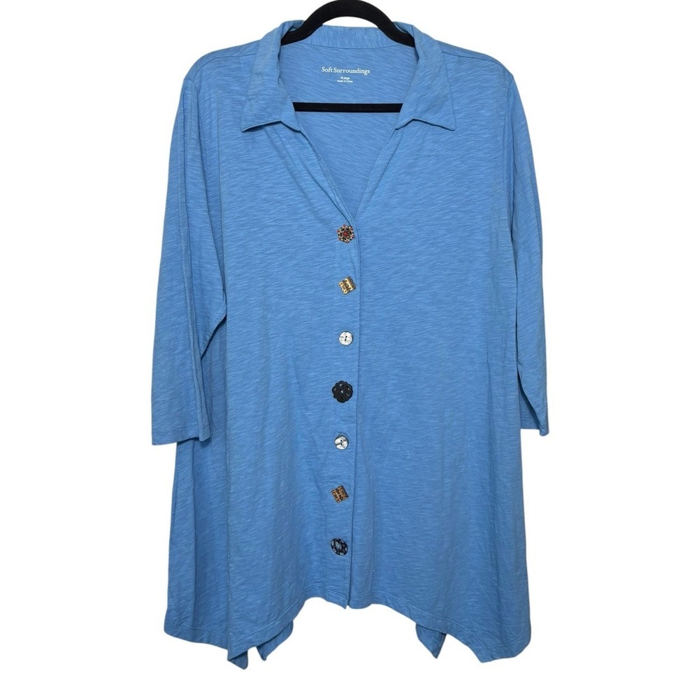 Soft Surroundings Blue Tunic Top Size XL Buttons Shark Bite Hem Artsy Lagenlook